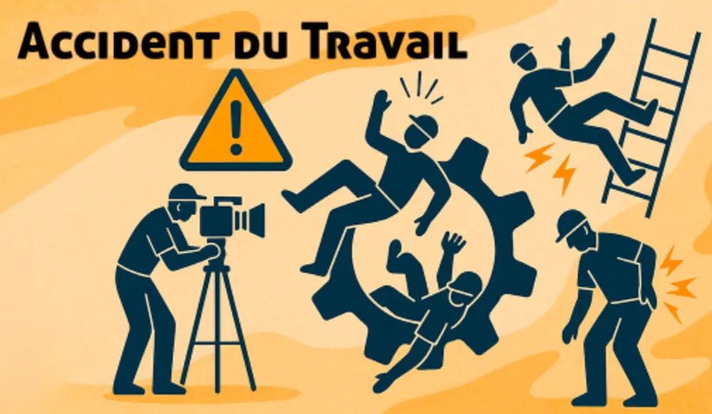 Illustration de plusieurs situations d’accident du travail : chute, machine, manutention